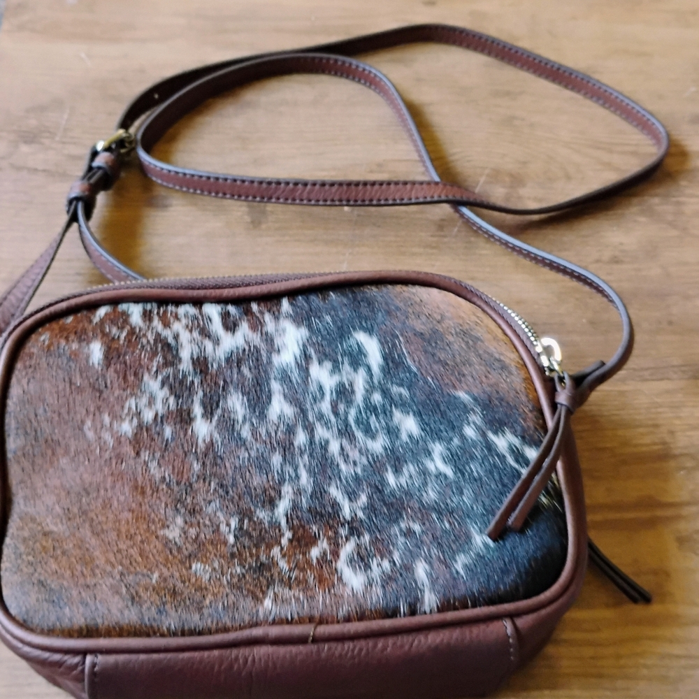 Mark & Graham Cream and Brown Pony Hair Crossbody Bag. 8 1/2 in by 6 1/2 in.